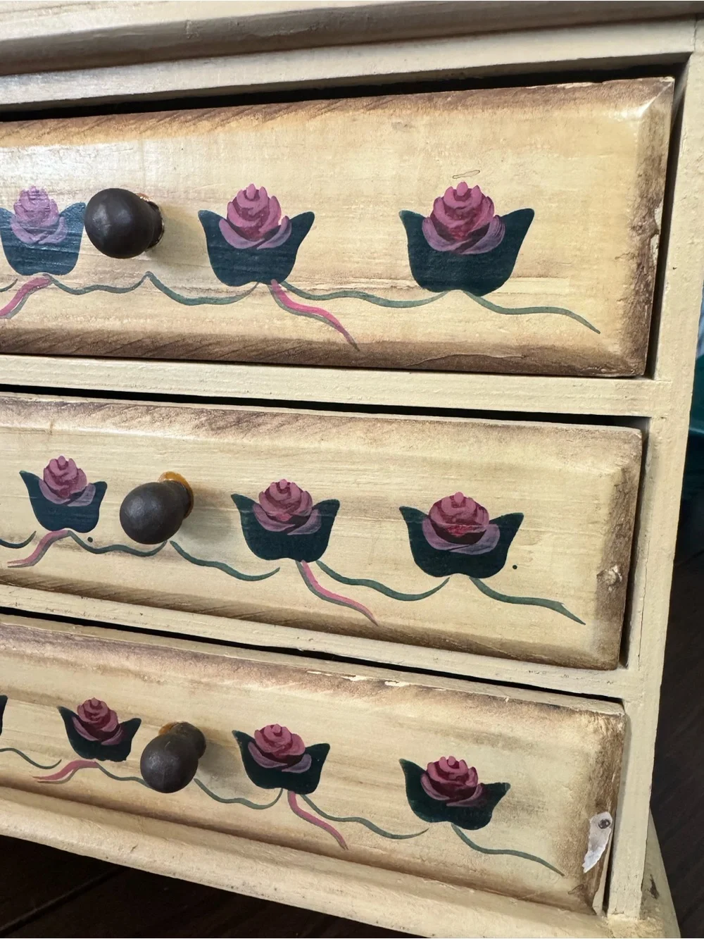 Hand-Painted Mini Chest Drawers with Pink Rose Motif
